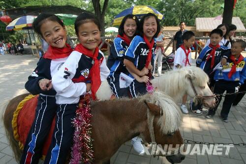  6月7日，在濟(jì)南動(dòng)物園，來(lái)自災(zāi)區(qū)的兩對(duì)雙胞胎姐妹丁雯（左一）、丁靜（左二）和陳方方（右一）、陳圓圓騎上美國(guó)小矮馬拍照。 當(dāng)日，在山東濟(jì)南師范學(xué)校過(guò)渡復(fù)學(xué)的340多名來(lái)自四川省北川縣擂鼓鎮(zhèn)的小學(xué)生到濟(jì)南動(dòng)物園免費(fèi)游園，度過(guò)了愉快的一天。