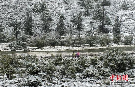 9月20日，受冷空氣影響，四川甘孜州稻城亞丁景區(qū)雪花飄舞，大霧彌漫，山峰披上白紗，銀裝素裹。正在景區(qū)內(nèi)游玩的海內(nèi)外游客紛紛用手機記錄雪景，并拍照留念。鐘欣 攝